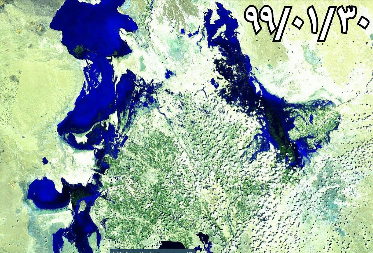 آخرین و بروزترین تصویر ماهواره ای از روند آبگیری هامون و سیلاب ورودی به سیستان  ۹۹/۰۱/۳۰